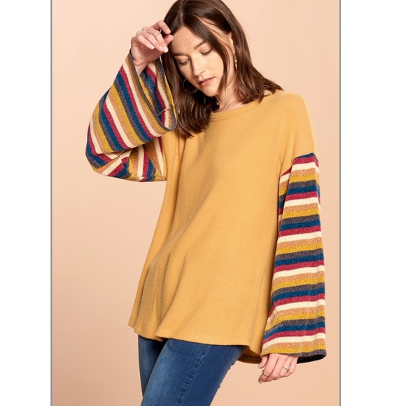 Mustard striped bell sleeve tunic top - Picture 2 of 5